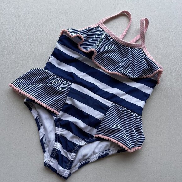 Penelope Mack Girls Size 6 Striped One Piece Swimsuit  White Pink Blue - Picture 2 of 5